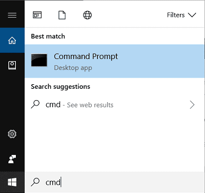 Presione la tecla Windows + S, luego escriba cmd y presione CTRL + SHIFT + ENTER para ejecutar un símbolo del sistema elevado