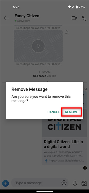 Confirmar la eliminación del mensaje en Android