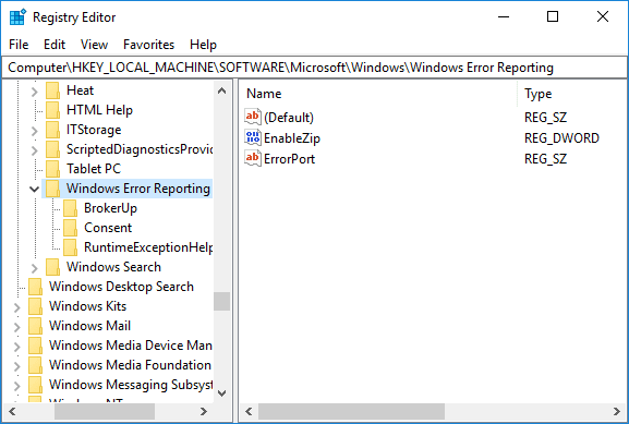 Vaya a Informe de errores de Windows en el Editor del Registro