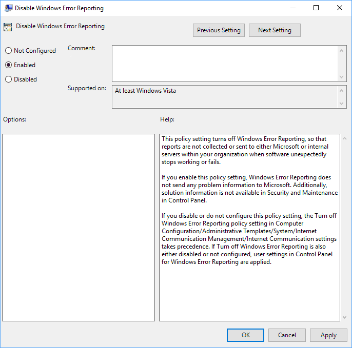 Habilitar o deshabilitar el informe de errores de Windows en Windows 10