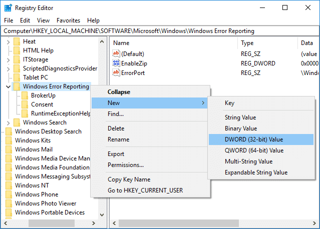 Haga clic con el botón derecho en Informe de errores de Windows, luego seleccione Nuevo, luego Valor DWORD (32 bits)