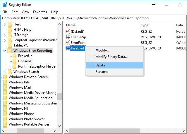 Para habilitar el informe de errores de Windows, haga clic con el botón derecho en DWORD deshabilitado y seleccione Eliminar