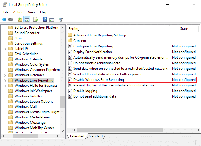 Seleccione Informe de errores de Windows y, a continuación, en el panel derecho de la ventana, haga doble clic en Desactivar política de informe de errores de Windows.