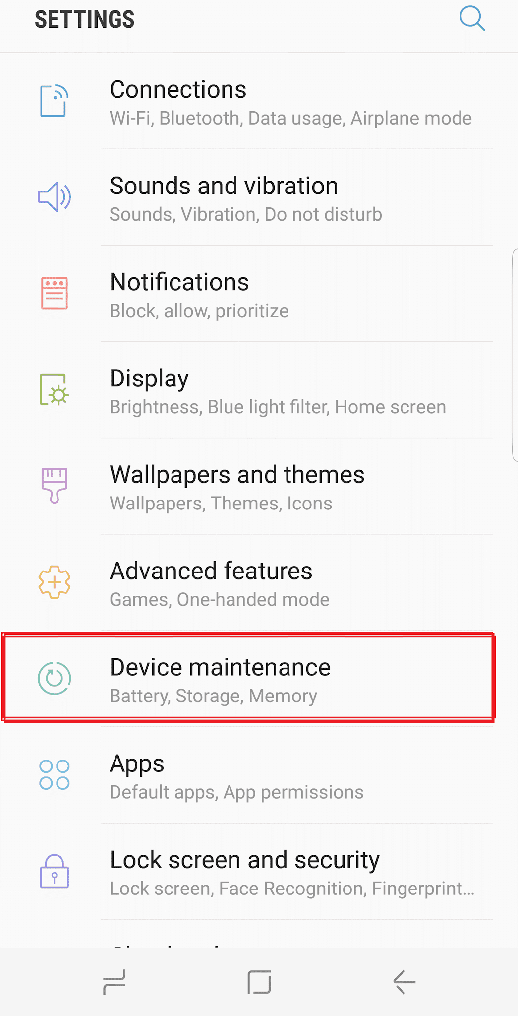 Configuración de mantenimiento del dispositivo Samsung s8