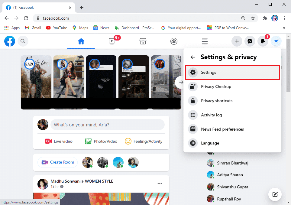 Ir a la configuración. | ¿Cómo verificar el ID de correo electrónico asociado con la cuenta de Facebook?