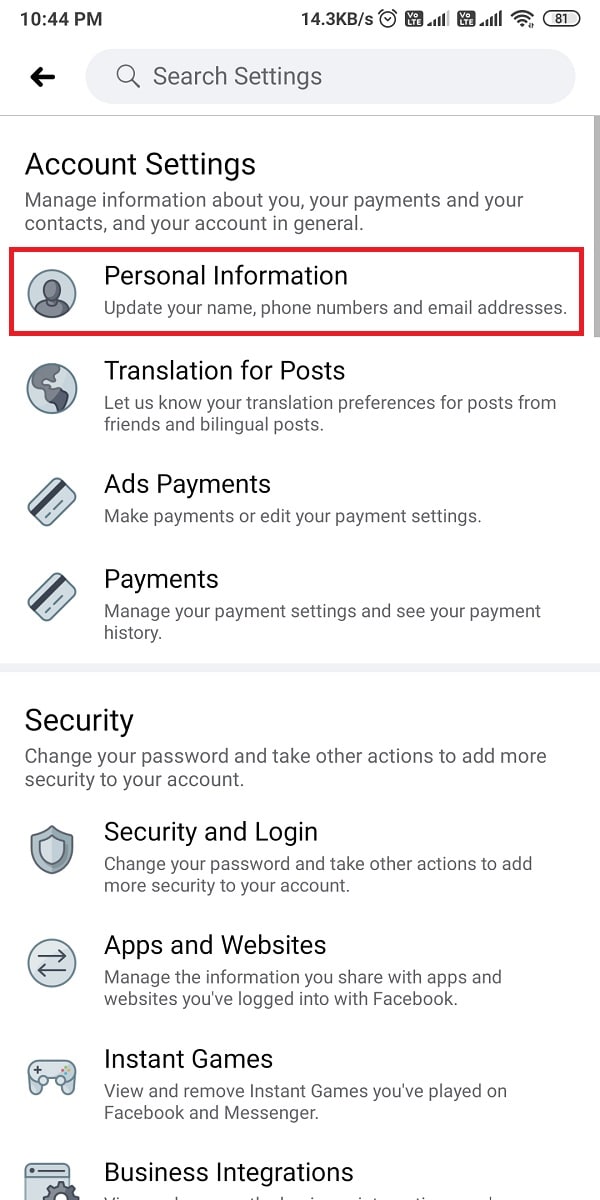 Ahora toca Datos personales. | ¿Cómo verificar el ID de correo electrónico asociado con la cuenta de Facebook?