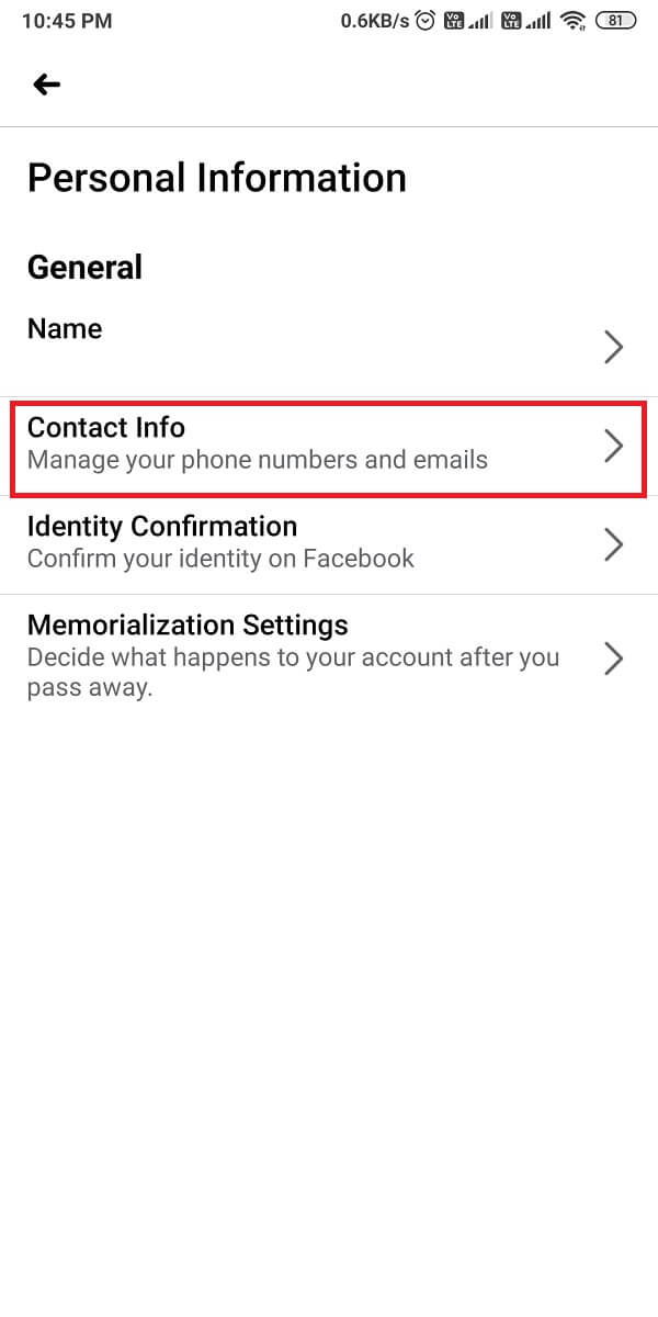 Finalmente, toque Información de contacto y Administrar información de contacto