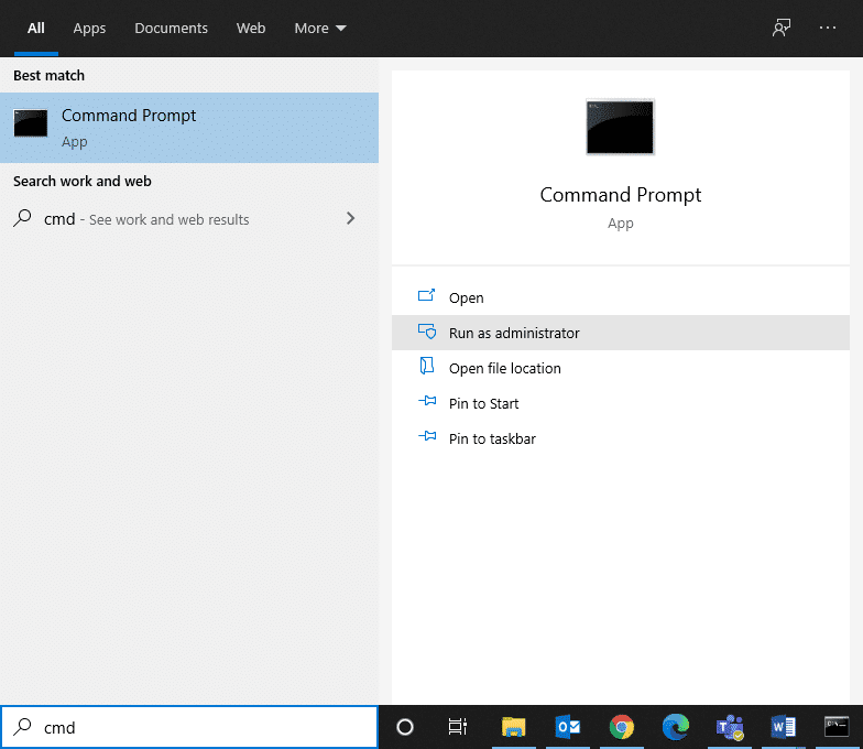 Escriba símbolo del sistema o cmd en la búsqueda de Windows, luego haga clic en
