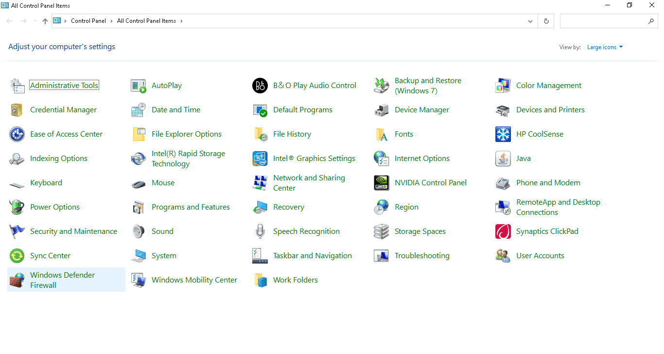 Haga clic en Firewall de Windows Defender
