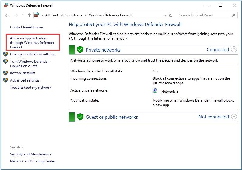En la ventana emergente, elija Permitir una aplicación o función a través del Firewall de Windows Defender.