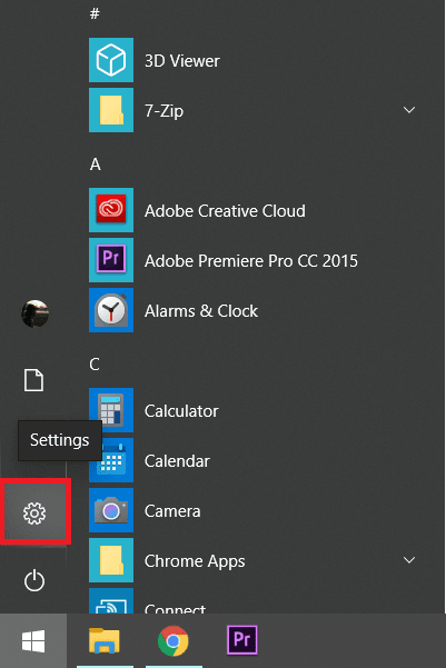 Inicie la configuración de Windows haciendo clic en el icono de configuración después de presionar la tecla de Windows
