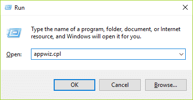 escriba appwiz.cpl y presione Entrar para abrir Programas y características