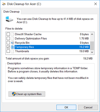 Limpiar archivos temporales en el Liberador de espacio en disco | Arreglar PNP Detectado Error Fatal Windows 10