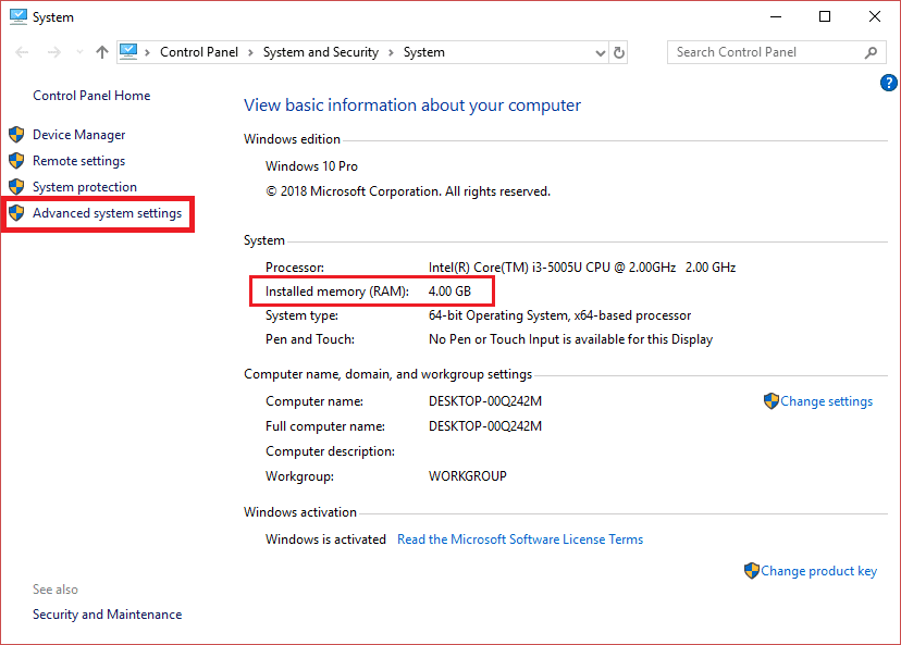 Tome nota de la RAM instalada y luego haga clic en Configuración avanzada del sistema