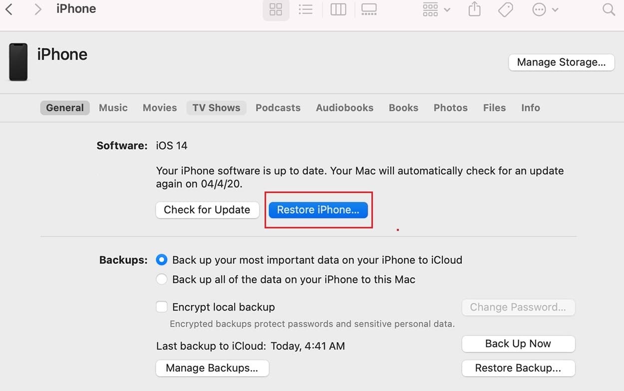 Toque la opción Restaurar de iTunes