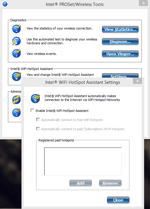Desmarque Habilitar Intel Hotspot Assistant en Intel WiFi Hotspot Asisstant