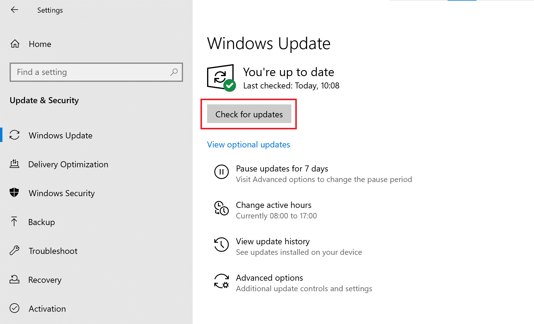 En la siguiente ventana, haga clic en Buscar actualizaciones