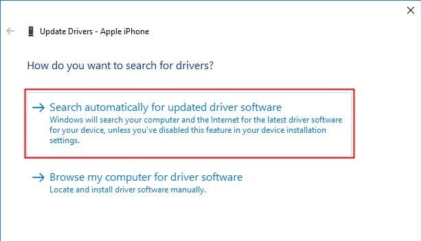 Elija Buscar manualmente nuevas aplicaciones de controlador. iPhone no se muestra en mi computadora