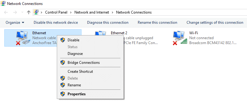 Haga clic derecho en Ethernet o Red de área local