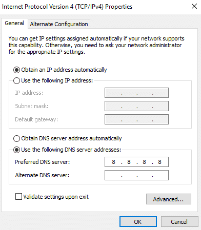 Reemplace la dirección IP con cualquiera de los DNS públicos de Google