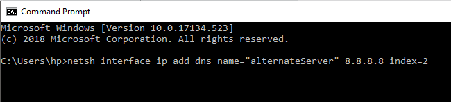 Para agregar una dirección DNS alternativa, escriba el siguiente comando en cmd