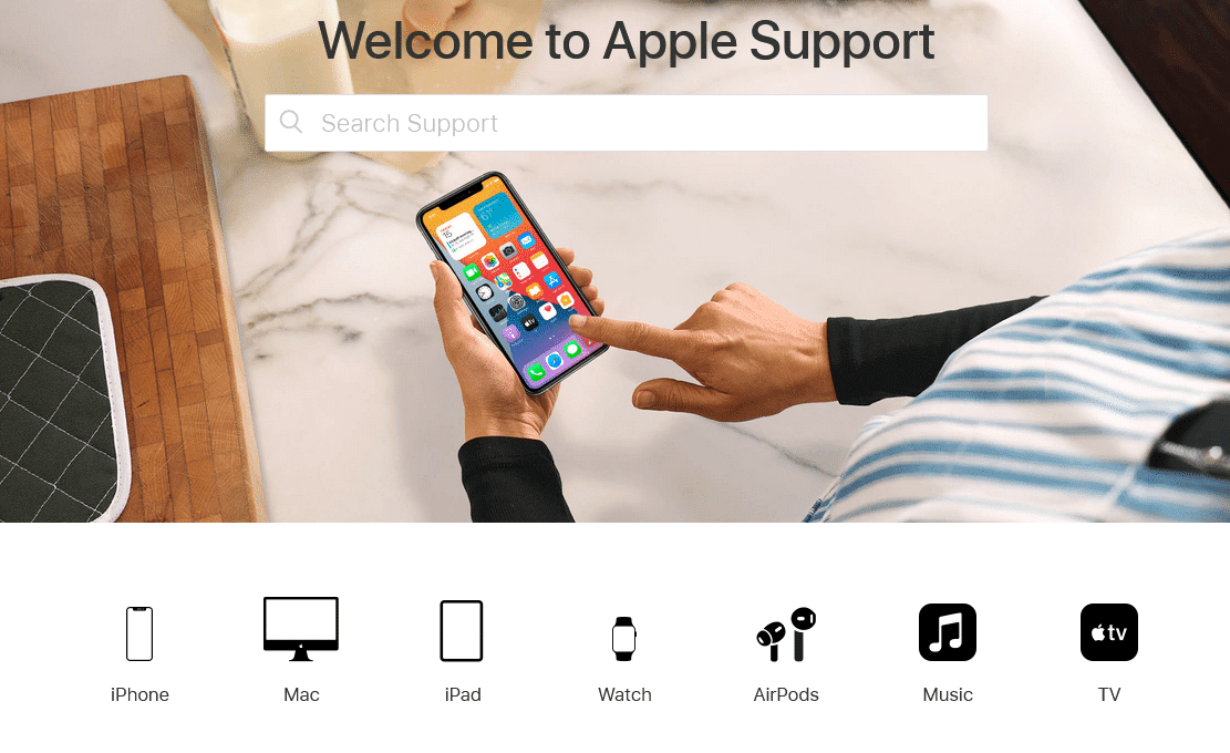 Escriba Contactar con soporte en la barra de búsqueda. Cómo ponerse en contacto con el equipo de chat en vivo de Apple
