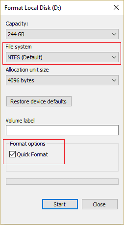 wybierz system plików NTFS (domyślny) i zaznacz pole wyboru Szybki format