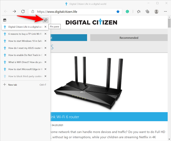 Fije el panel para mostrar los nombres de sus pestañas en Edge