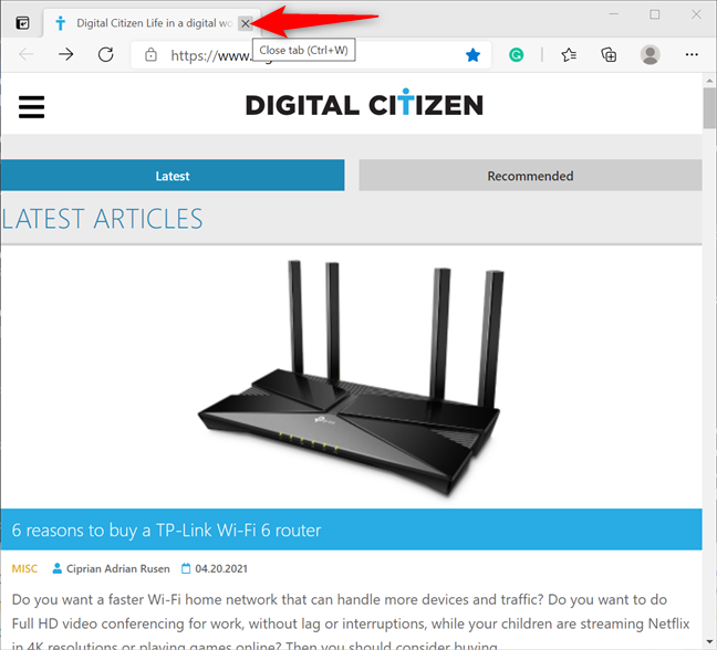 Presiona X o usa el acceso directo de Edge para cerrar la pestaña