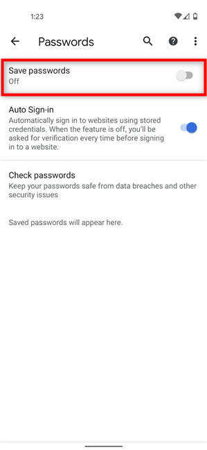 Deshabilite el interruptor para evitar que Chrome solicite guardar contraseñas en Android