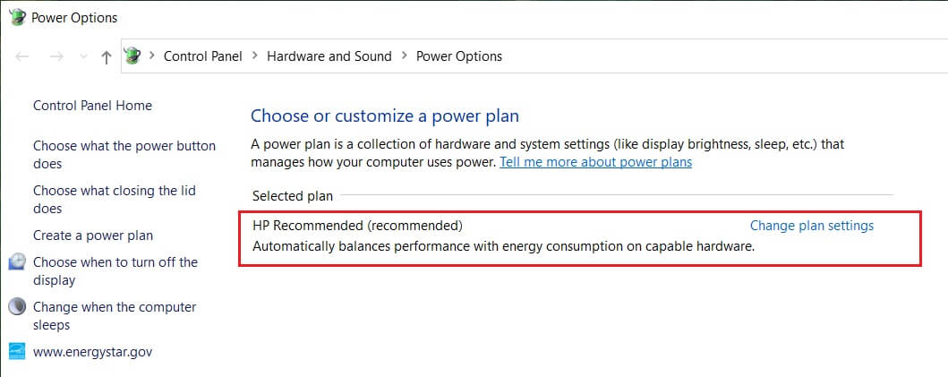 Haga clic en Cambiar la configuración del plan en su plan de energía elegido