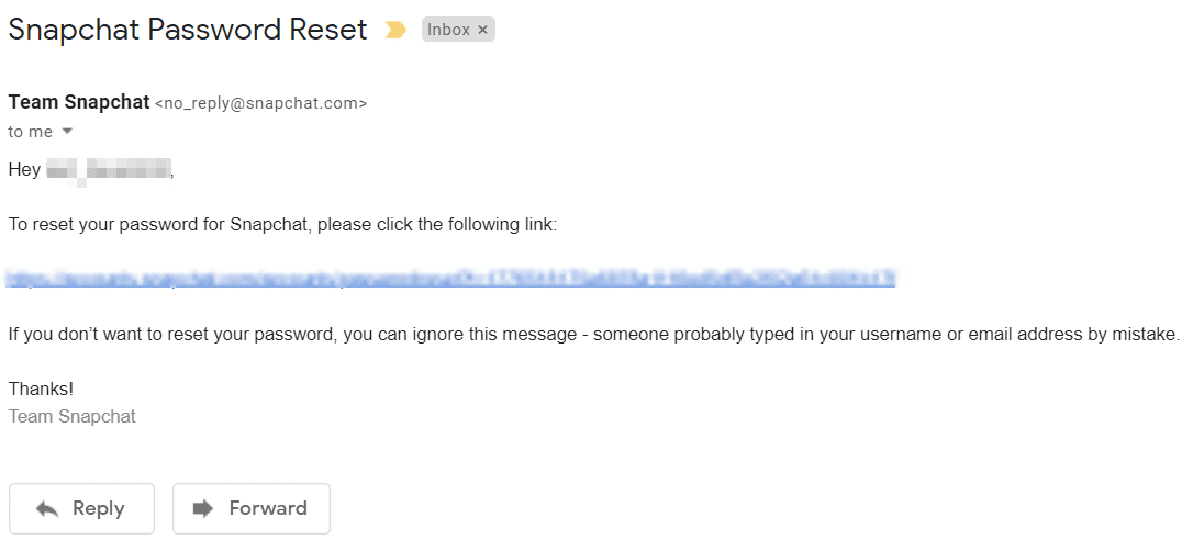 Encuentre un correo electrónico de Snapchat que contenga un enlace para restablecer su contraseña