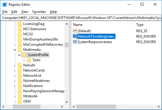 Seleccione SystemProfile y luego, en el panel derecho de la ventana, haga doble clic en NetworkThrottlingIndex