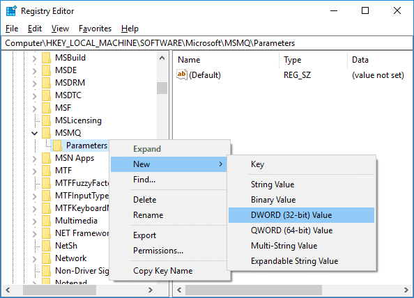 Haga clic con el botón derecho en Parámetros y seleccione Nuevo y luego Valor DWORD (32 bits)