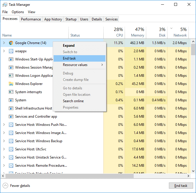 Deshabilite las aplicaciones con un uso elevado de la red mediante el Administrador de tareas |  Arreglar el ping alto de Windows 10