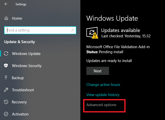 Ahora, en Windows Update, haga clic en las opciones 