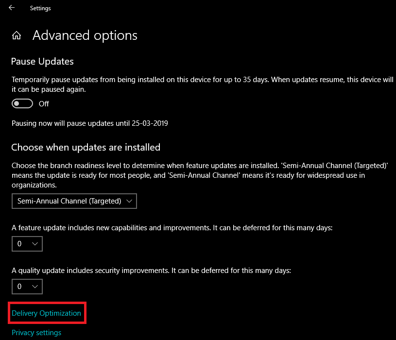 Haga clic en Optimización de entrega