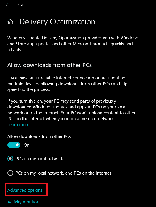 En Optimización de entrega, haga clic en Opciones avanzadas