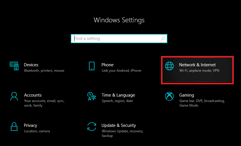 Desde la ventana Configuración, haga clic en el icono Red e Internet