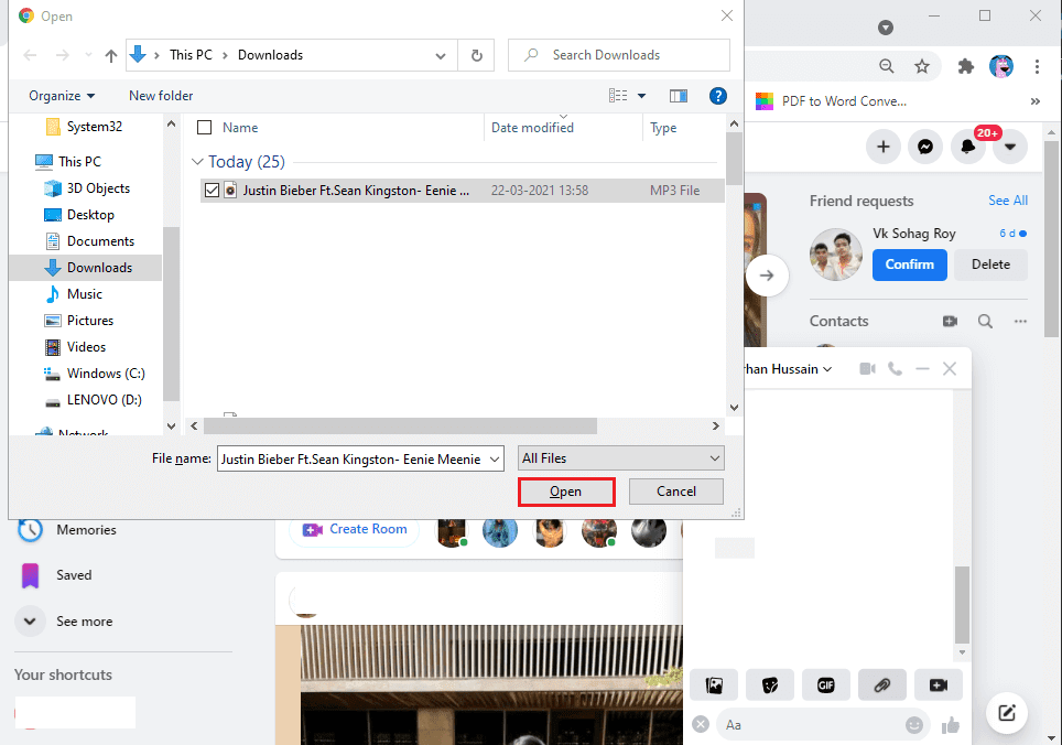 Seleccione el archivo de música MP3 y haga clic en Abrir.  |  Cómo enviar música en Facebook Messenger