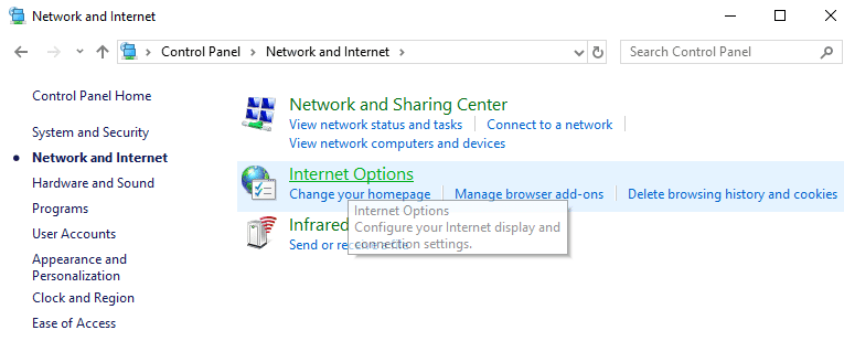 Haga clic en Opciones de Internet
