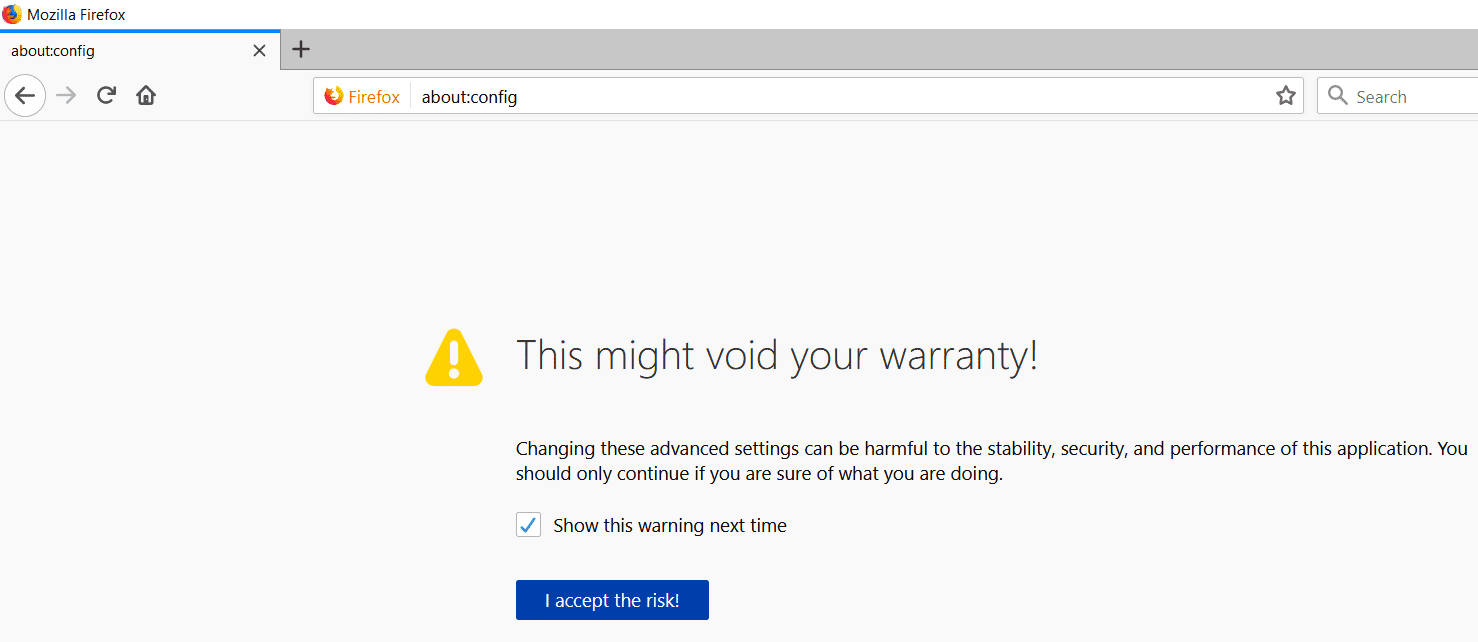 Mostrar una página de advertencia, haga clic en el botón Acepto el riesgo
