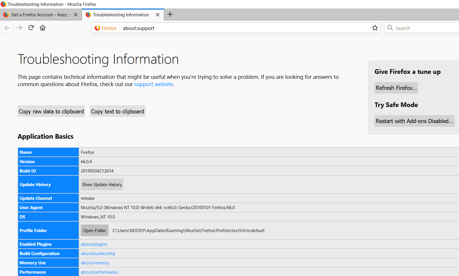 Debajo de la Carpeta de perfil, haga clic en Abrir carpeta