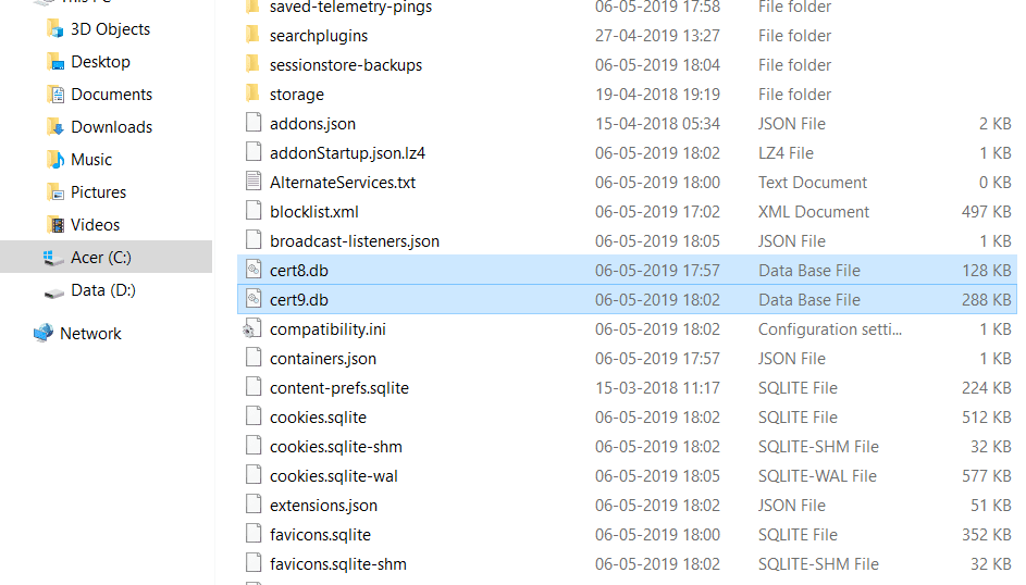 Ejecute los dos archivos db que son cert8.db y cert9.db