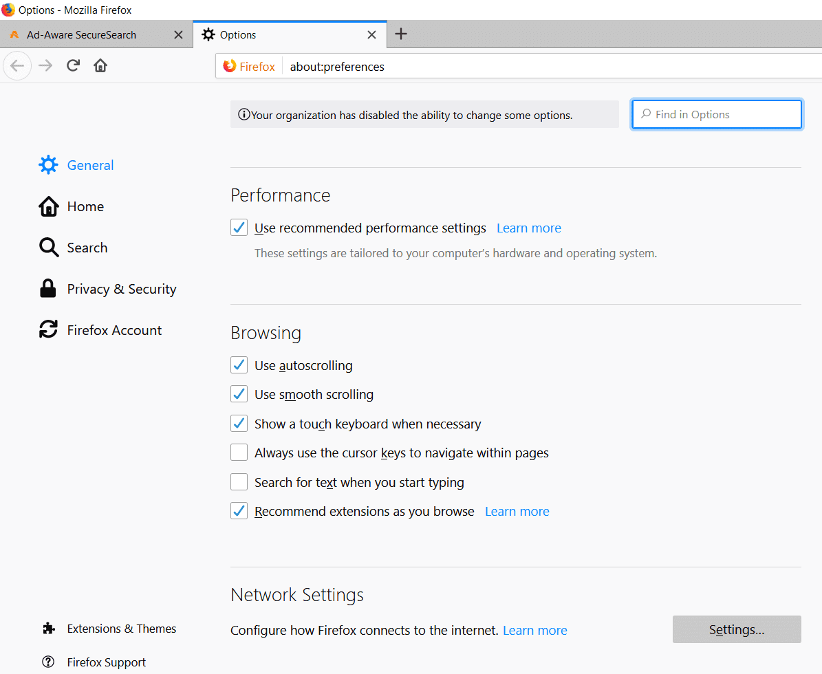 En Configuración general, desplácese hacia abajo hasta Configuración de red y haga clic en el botón Configuración