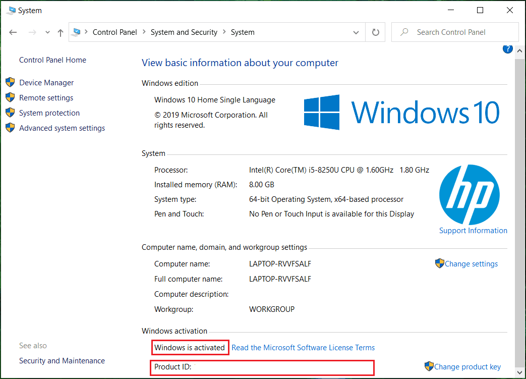 Mire la parte inferior del encabezado de activación de Windows