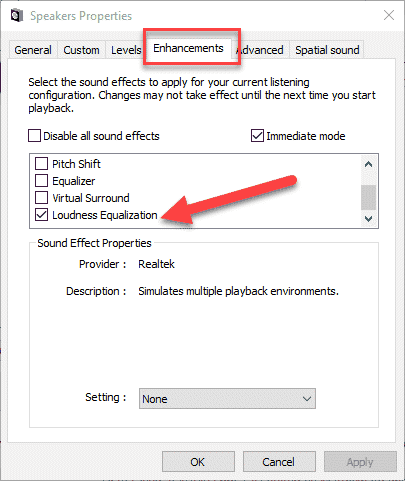 Ahora esto abrirá el asistente de propiedades del altavoz.  Vaya a la pestaña de mejora y haga clic en la opción 
