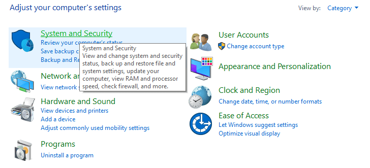 Abra el panel de control usando la opción de búsqueda.  Haga clic en la opción Sistema y seguridad en la ventana que se abre.