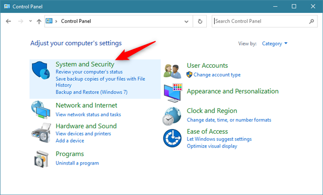 La categoría Configuración de sistema y seguridad en el Panel de control