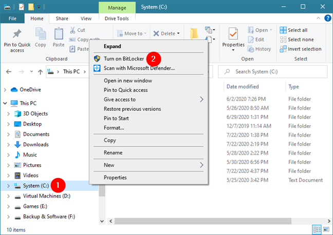 Active BitLocker desde el menú contextual de la unidad en Windows 10